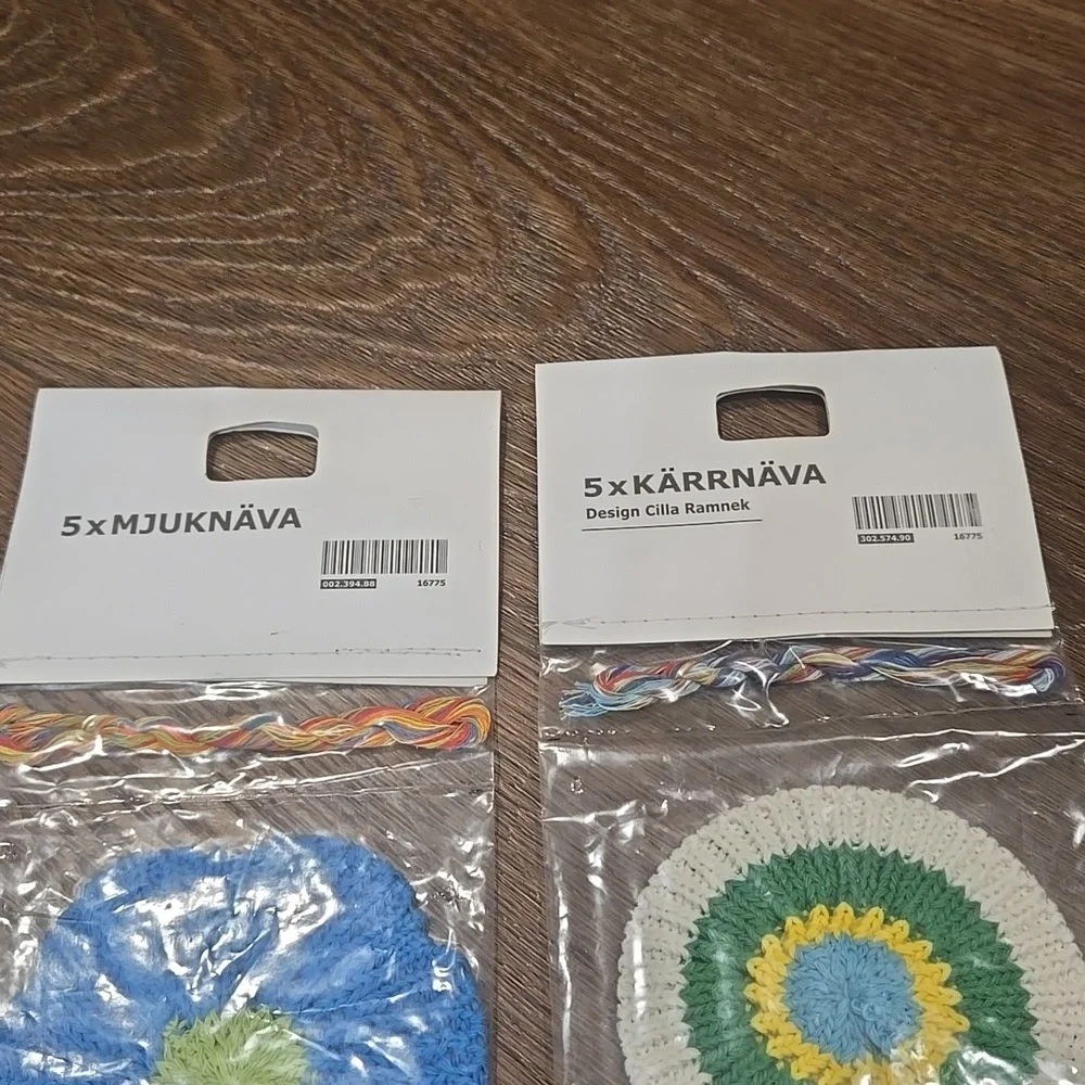 NWT. IKEA KNIT COASTERS/ORNAMENTS... APPLIQUE...5/KARRNAVA.. 5/MJUKNAVA.. #7887